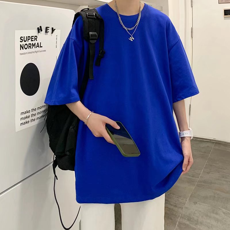 Áo thun 100% cotton Tay Ngắn Màu Xanh Dương Trơn Cỡ Lớn M-3XL Thời Trang Mùa Hè Cho Nam Và Nữ