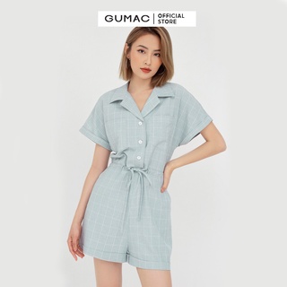 Jumpsuit ngắn phối nơ eo GUMAC màu xanh tay ngắn năng động DB5114