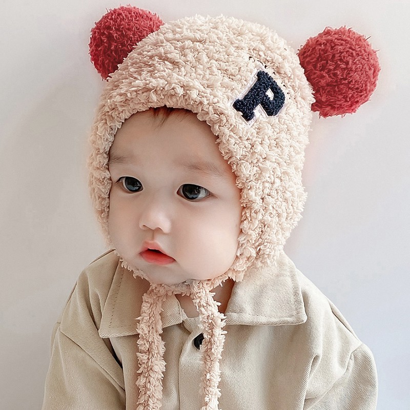 Mũ trùm đầu dệt kim phối banh lông đáng yêu dành cho trẻ em