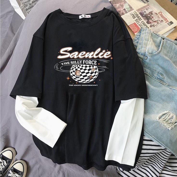 Áo Thun Tay Dài Giả Hai Lớp Dáng Rộng In Họa Tiết Retro Thời Trang Dành Cho Nữ