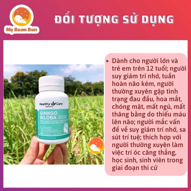 Viên bổ não hộp 100v ÚC Healthy Care Ginkgo Biloba 2000mg giu tuần hoàn máu não, trí nhớ cho bé từ 12 tuổi và người già