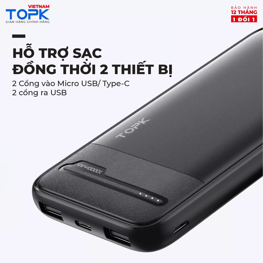 Sạc dự phòng 10000mAh TOPK I1016 Đầu ra 2 cổng USB - Hàng phân phối chính hãng Bảo hành 12 tháng 1 đổi 1