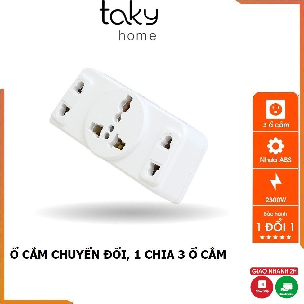 Ổ Cắm 2 Chức Năng: Phích Cắm Chia 3 Và Ổ Cắm Chuyển Đổi Từ 3 Chấu Thành 2 Thấu, 2000W, Nhựa ABS  - TakyHome 8605