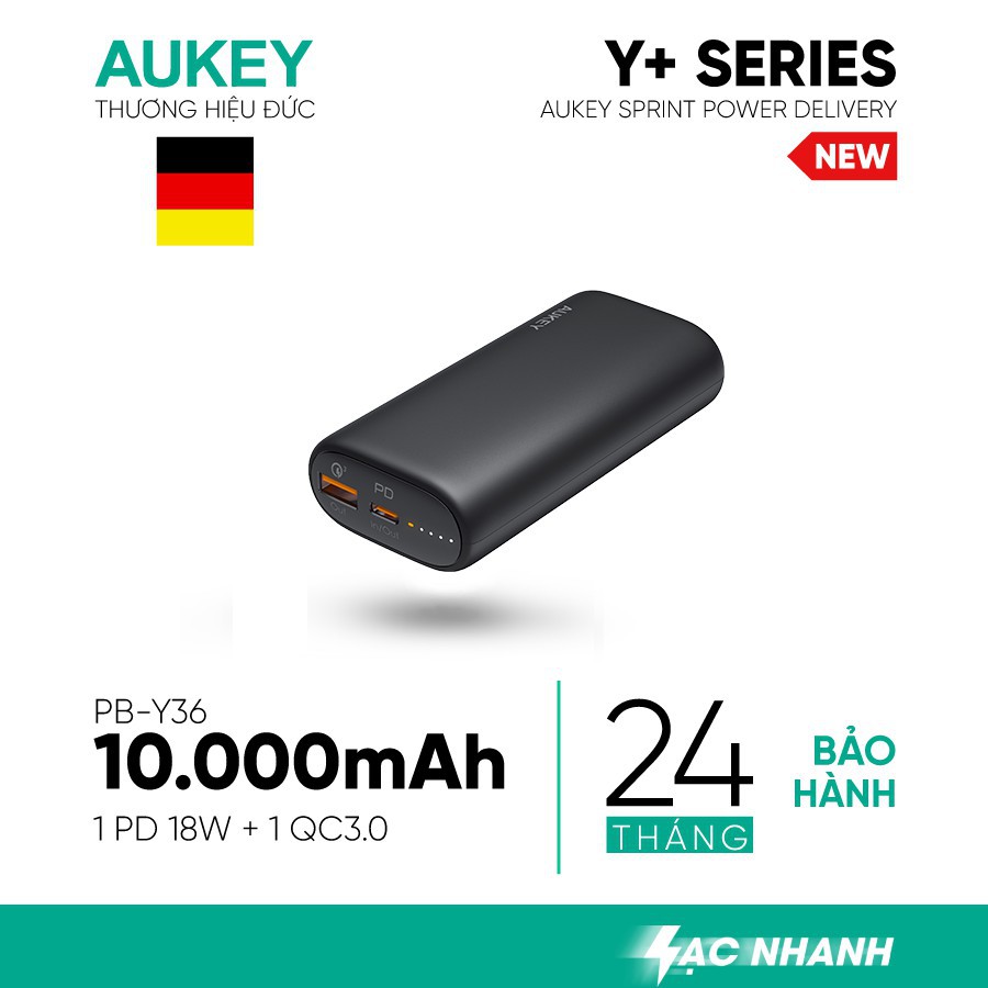 Combo AUKEY Pin Sạc Dự Phòng 10.000 mAh PB-Y36, Cốc Sạc Nhanh PA-F1, Cáp C To Lightning CB-CL - Hàng Chính Hãng