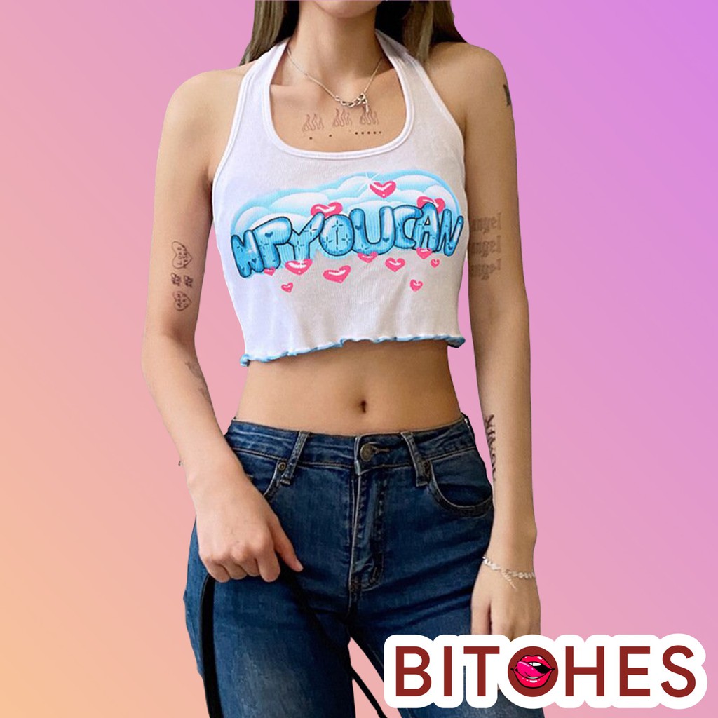 Áo yếm viền xanh cột cổ trắng phong cách sexy-BITCHES