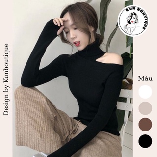 ✨ [SẴN Trắng, kem, nâu] Áo len tăm body dài tay cut-out lệch vai chocker nữ cá tính sành điệu Ms A92