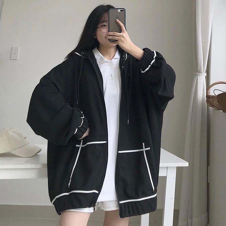 Áo khoác hoodie viền trắng tay bồng nữ Mee - Nỉ dáng rộng Unisex Ullzang cá tính