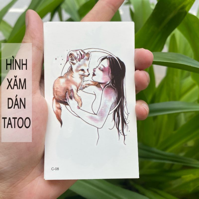 Hình xăm cô gái và cún cưng c08. Tatoo dán tạm thời size &lt;10x6cm