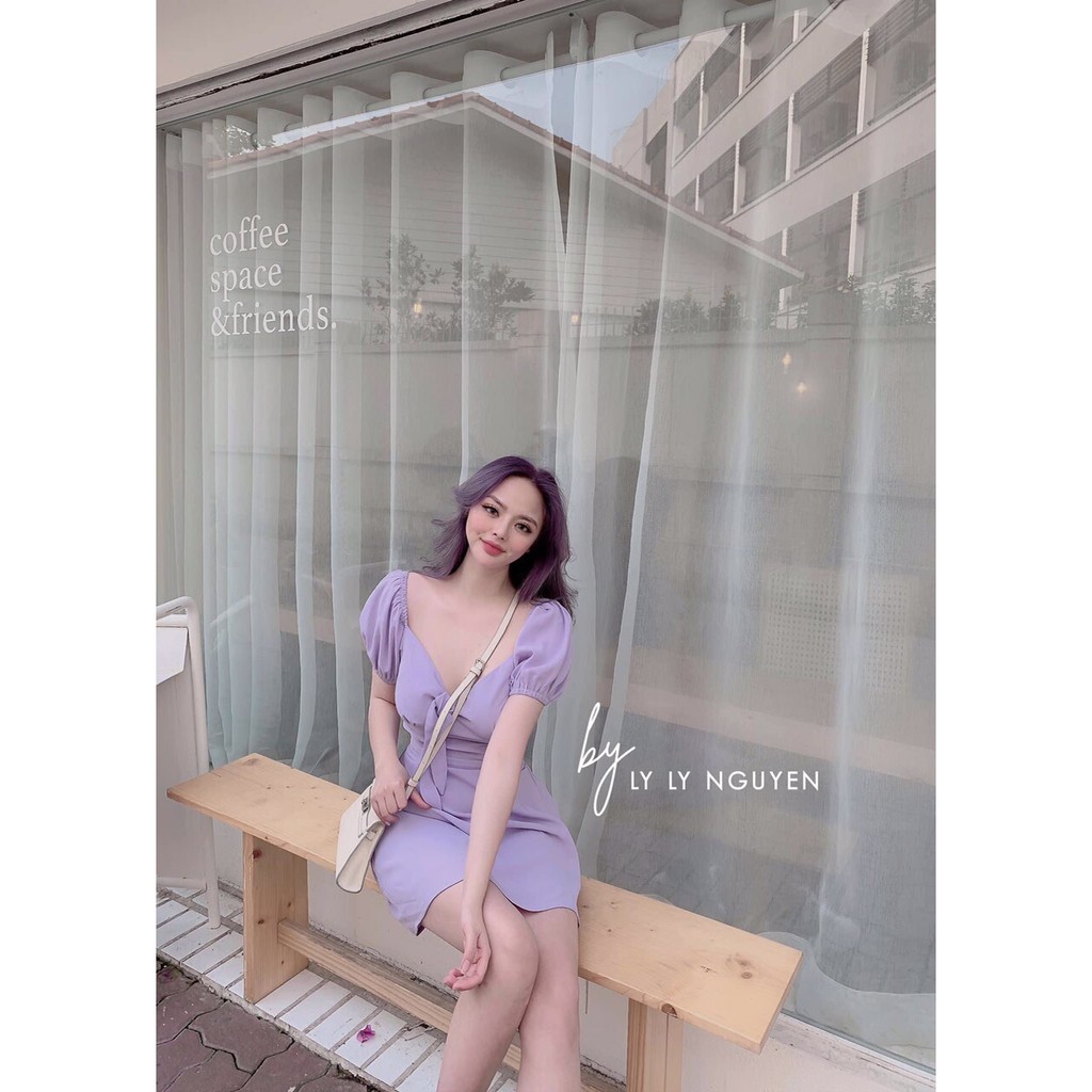 Đầm voan tím hoa cà thắt nơ trước thơ mộng TTSA0352