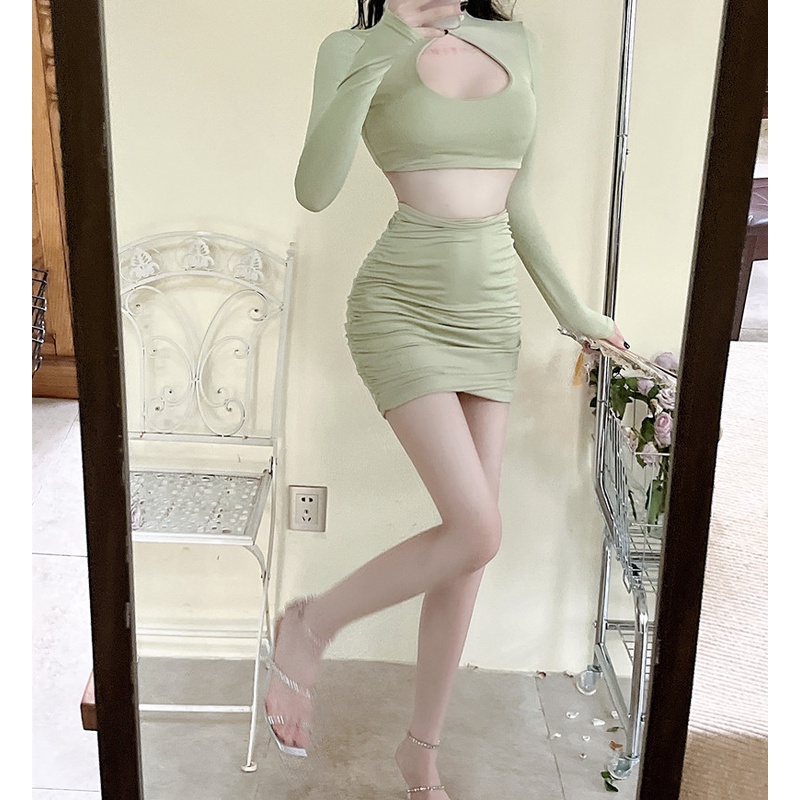 Áo Lửng Tay Dài Dáng Ôm + Chân Váy Phong Cách Hip Hop Thời Trang Quyến Rũ Cho Nữ