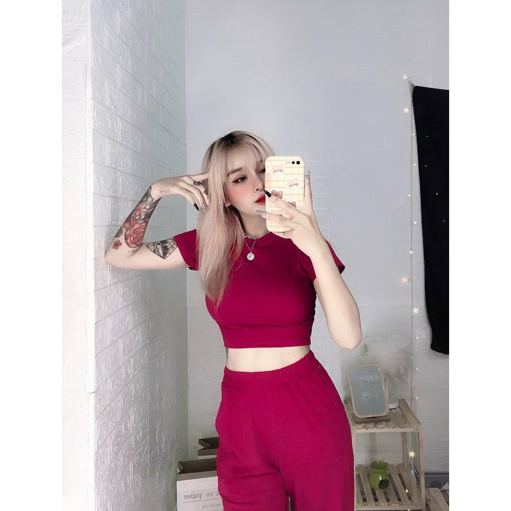 Set bộ thun lụa áo croptop tay ngắn quần ống rộng suông dài xinh mẫu xinh