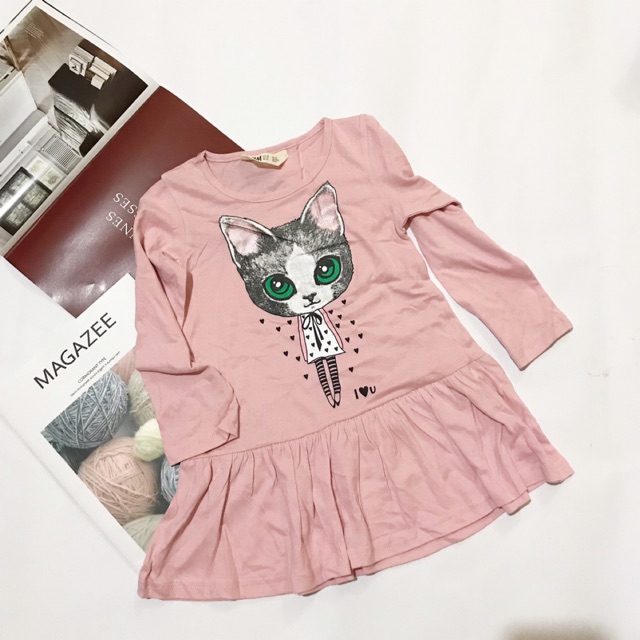 Váy cotton dai tay bé gái hình mèo