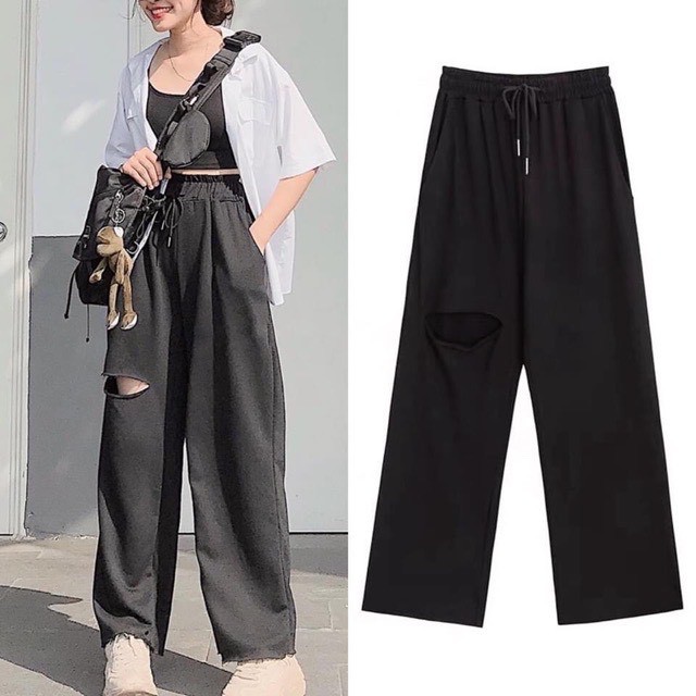 Quần Thun Dài FREESHIP Quần Baggy Cạp Cao Thun Dài Rách Đùi Unisex Siêu Hot