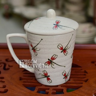 Cốc sứ uống nước có nắp Bát Tràng men trắng vẽ chuồn cao cấp
