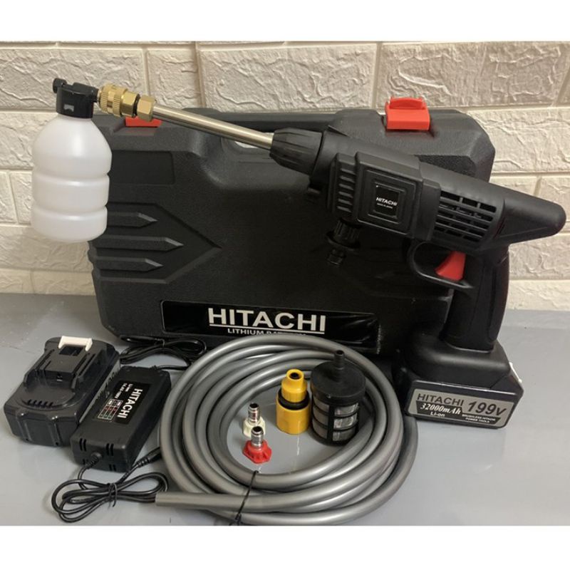 Máy rửa xe dùng pin mini, Máy xịt rửa tăng áp Hitachi 199V áp lực cao 1400W  bảo hành 12 tháng