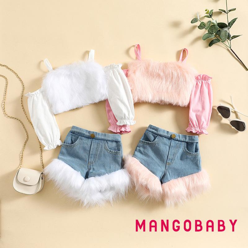 Set Áo Croptop Lông Nhung Tay Dài Hở Vai + Quần Short Denim Có Túi Bên Hông Dành Cho Bé Gái