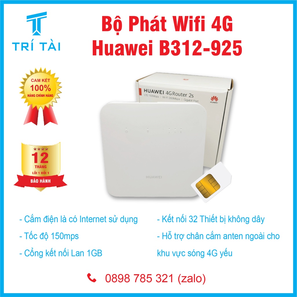 Bộ Phát Wifi 4G Huawei B312 -925 - Tốc Độ 150Mpbs - SIM MOBIFONE VPB51- Hàng chính hãng