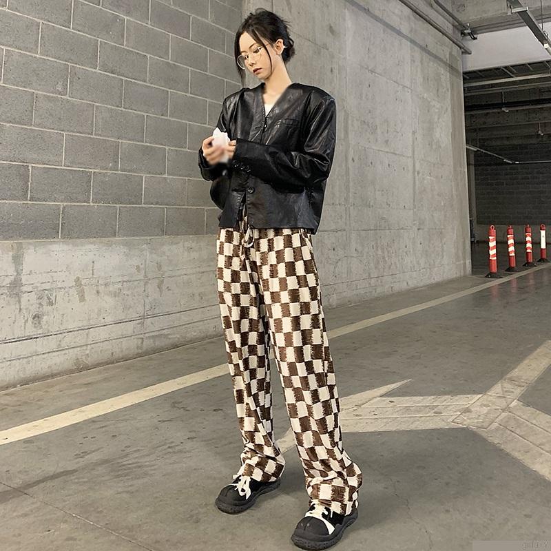 Quần dài ống rộng họa tiết kẻ ca rô trẻ trung cho nữ