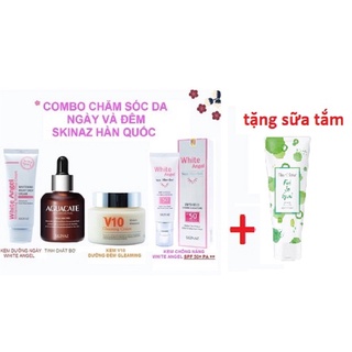 BỘ 4 DƯỠNG TRẮNG DA NGÀY ĐÊM SKINAZ HÀN QUỐC kem v10 tinh chất bơ white angel