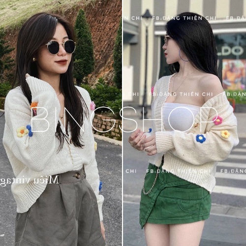 Áo khoác cardigan nữ ullzzang vải len dệt kim cao cấp phối hoa Bingshop