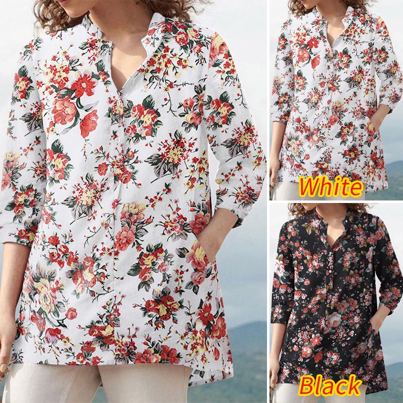 Áo kiểu ZANZEA tay áo 3/4 cổ chữ V in họa tiết hoa đơn giản kiểu vintage dễ phối đồ cho nữ