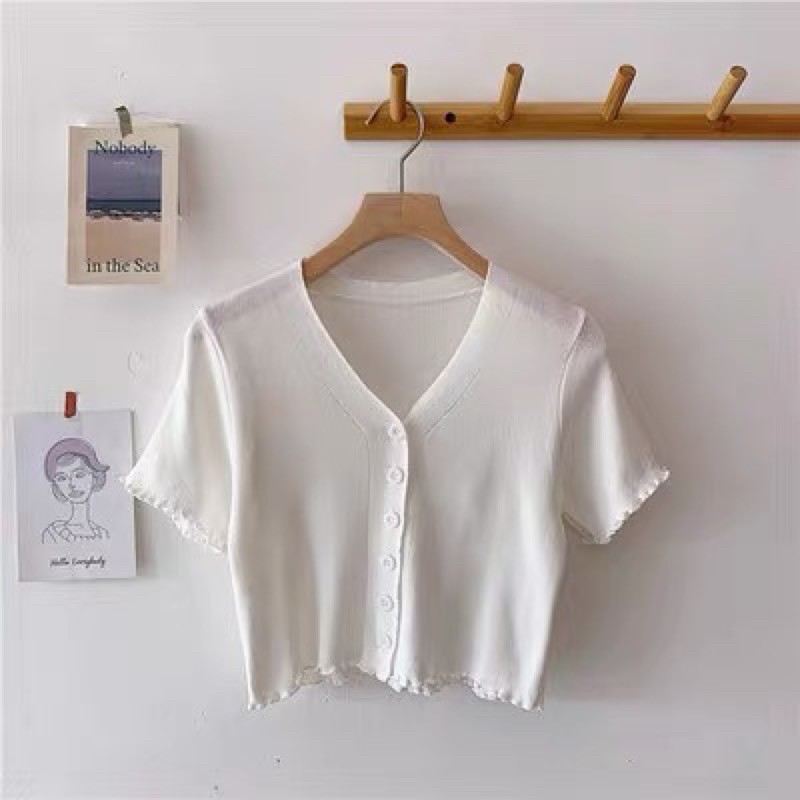 Áo Dệt Kim Cổ Chữ V Tay Ngắn Ren Bèo cho Mùa Hè