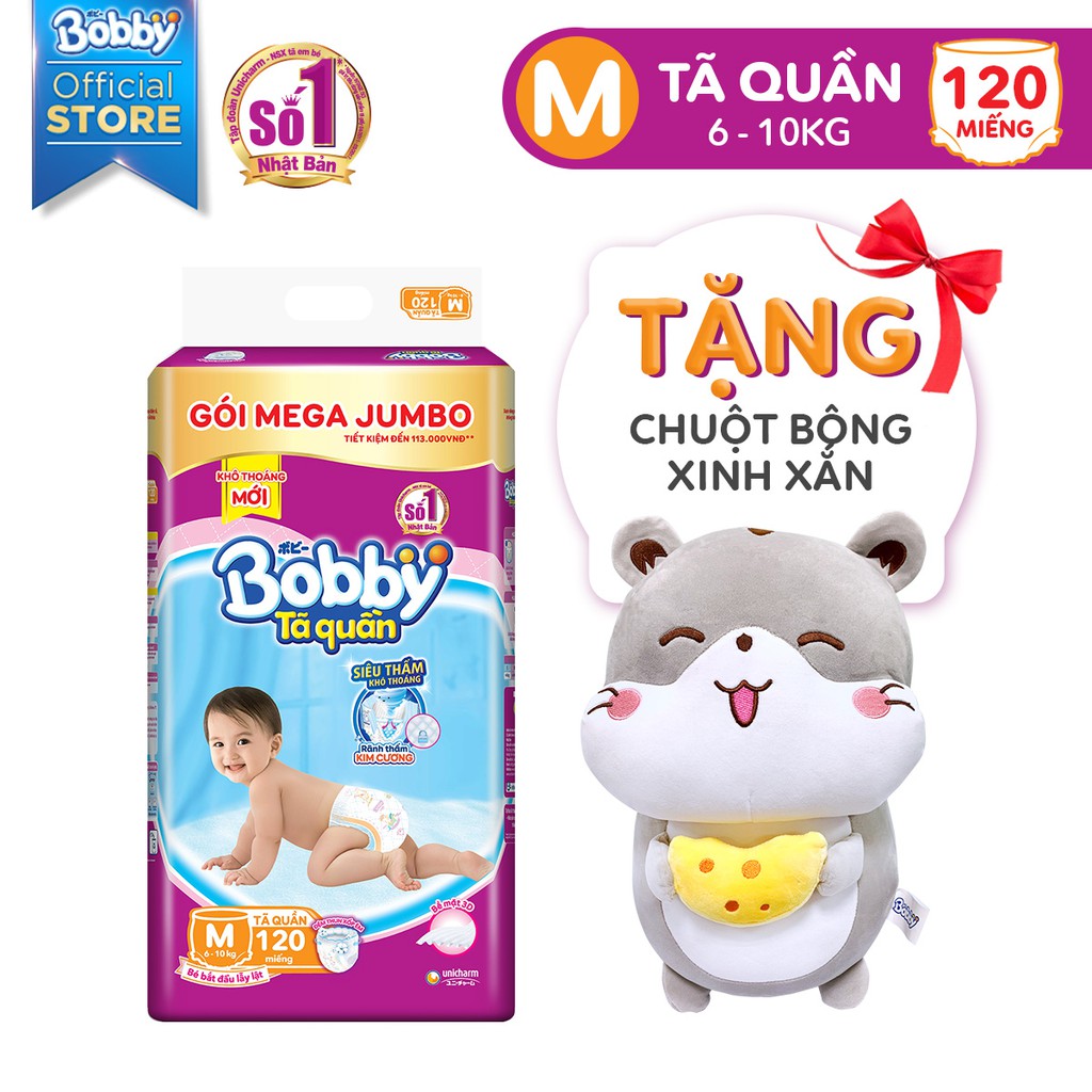 [NHẬP UNCMKB3 GIẢM 9% ĐƠN TỪ 1199K] [Tặng chuột bông] Tã quần Bobby Mega Jumbo M120/L111/XL102/XXL93