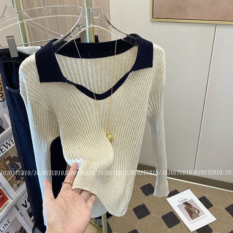 Áo Sweater Dệt Kim Tay Dài Cổ polo Phong Cách Mới Mùa Thu Cho Nữ