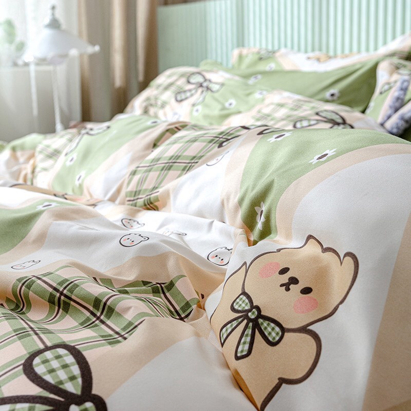 Bộ vỏ chăn ga gối cotton poly nhập khẩu _ chăn ga Hàn Quốc họa tiết gấu xanh_miễn phí bo chun theo size nệm
