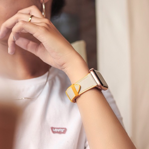 Dây Da Handmade [DA THẬT, BẢO HÀNH 1 NĂM] Swift Xám Chỉ Vàng cho Apple Watch Seris 1/2/3/4/5/6/7