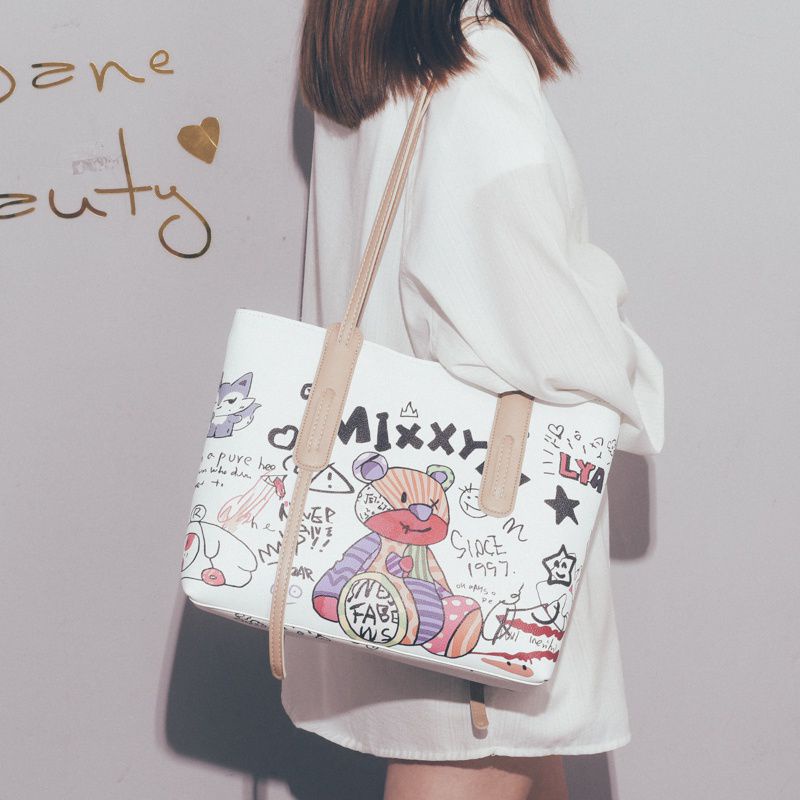 Túi công sở nữ tote da pu để vừa A4 kẹp nách đeo vai in hình gấu đi học đi chơi giá rẻ đẹp