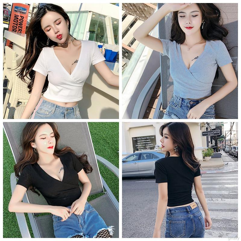 Áo croptop tay ngắn cổ chữ V màu trơn thiết kế dây đan chéo phong cách Hàn Quốc