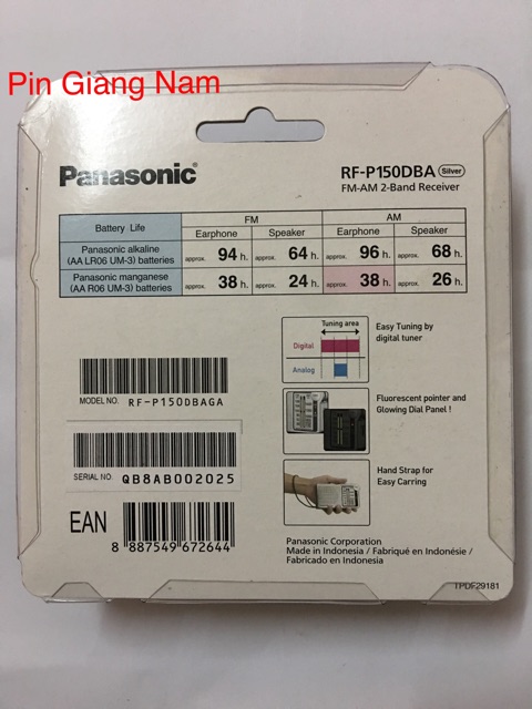 Đài FM/AM Panasonic RF-P150DBA kèm 2 pin AA Hàng Chính Hãng FullBox Made in Indonesia