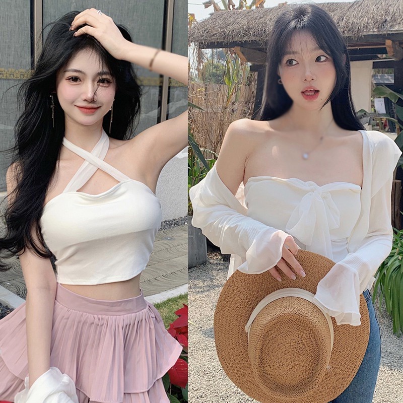 Set Áo Hai Dây Và Áo Khoác Cardigan Thời Trang Trẻ Trung Cho Nữ