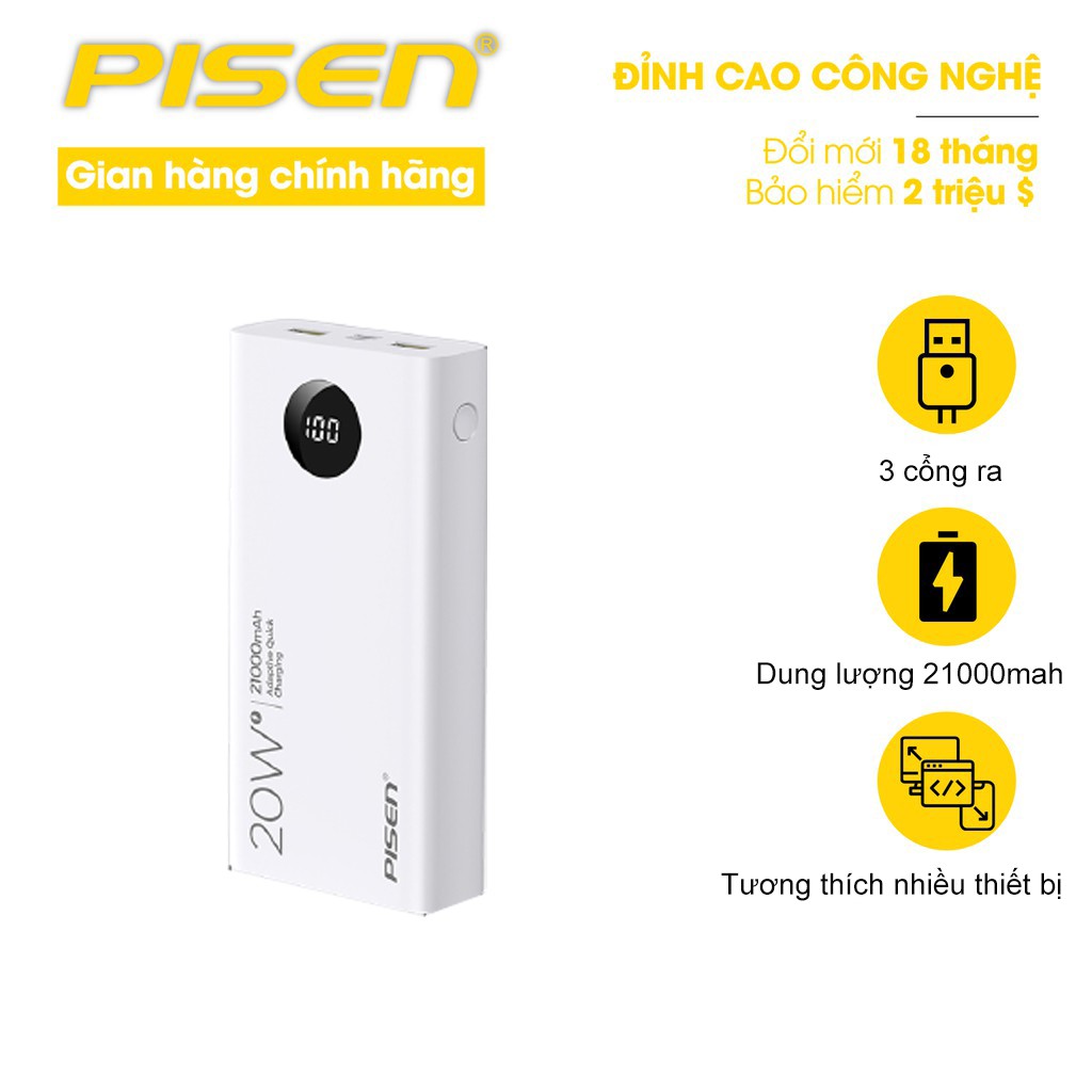 [Mã BMLT300 giảm 10% đơn 499K] SẠC DỰ PHÒNG PISEN Quick 21000mAh(LED), 20W For iPhone 12 PISEN CHÍNH HÃNG