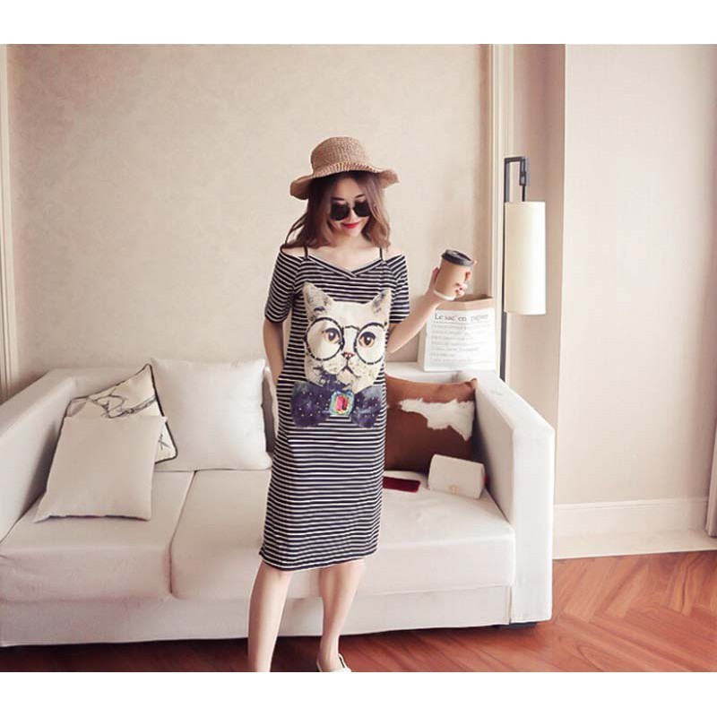 Đầm thun khoét vai họa tiết kẻ ngang in hình ngộ nghĩnh | BigBuy360 - bigbuy360.vn