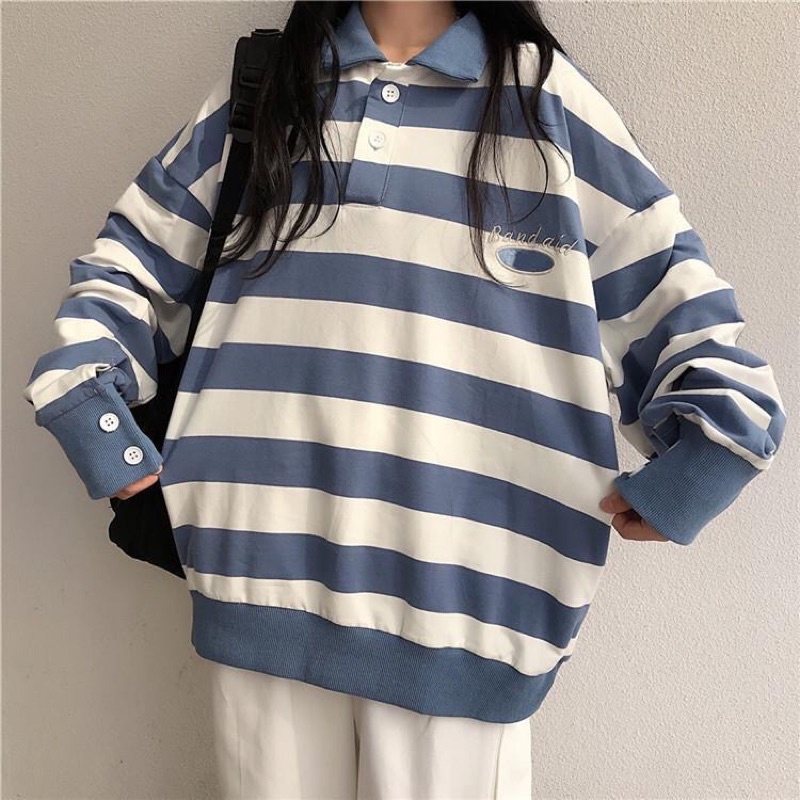 Áo sweater cổ polo tay dài form rộng kẻ sọc phong cách Hàn Quốc