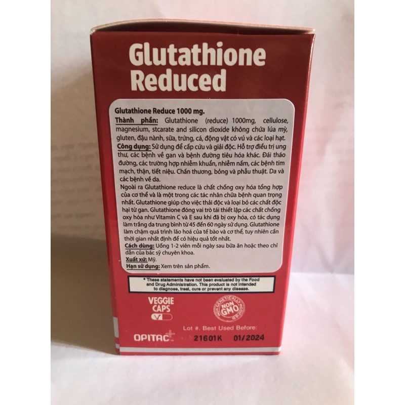 Viên uống trắng da GLUTATHION 1000mg ( USA, Hộp 60 viên) - Làm trắng da, chống lão hoá, giảm nám, giải độc gan