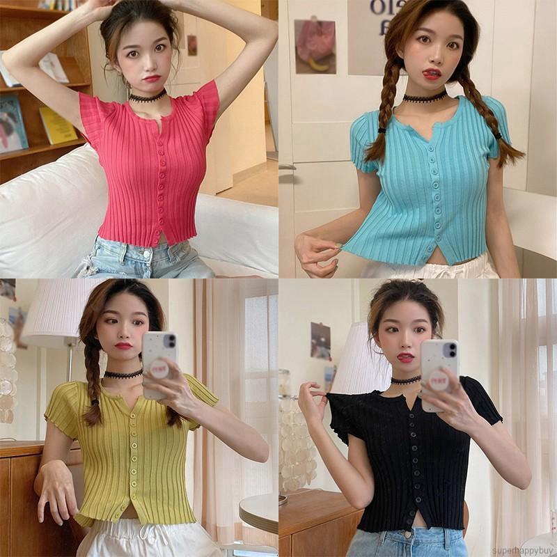 Áo Croptop Dệt Kim Tay Ngắn Màu Trơn Thiết Kế Đơn Giản Hợp Thời Trang