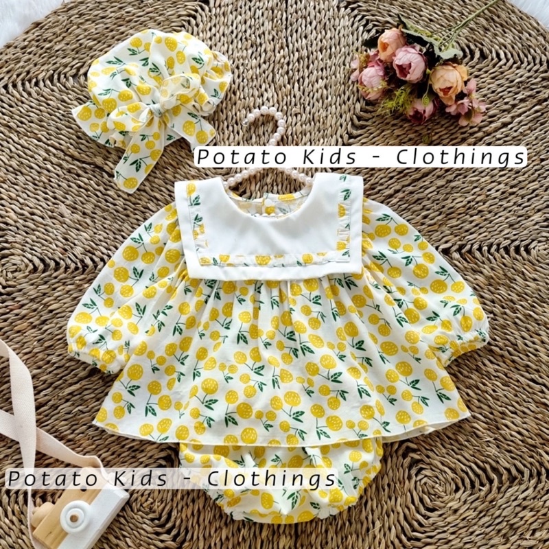 Set Quả Dâu, Bộ Quần Áo Họa Tiết Dâu Vàng Xinh Xắn Chất Liệu Đũi Lạnh Mát Mẻ Cho Bé Gái Sơ Sinh