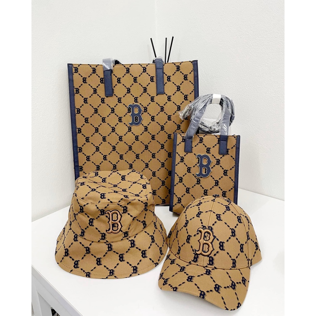 Túi MLB Diamond Monogram Jacquard Tote Boston Red Sox 3Aorm012N-43Bgd Màu Nâu viền đen logo chữ b mẫu mới