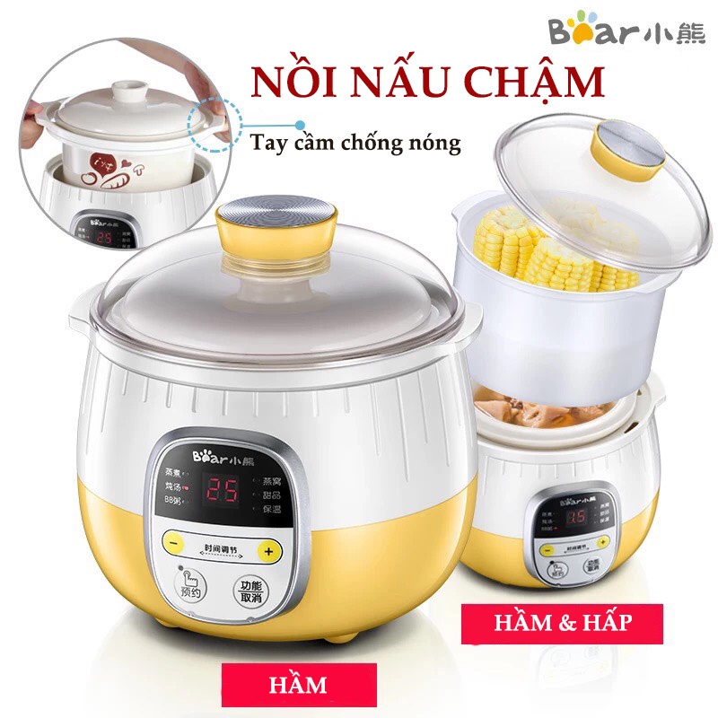 NỒI NẤU CHÁO, HẤP CÁCH THỦY, NINH, HẦM,0.8L, Nồi Nấu Chậm Đa Năng 2 Tầng BEAR, sử dụng gốm sứ cao cấp - LB910211