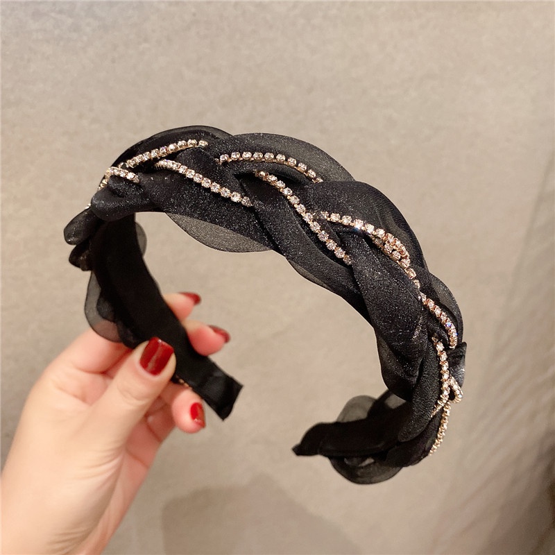 Băng Đô Cài Tóc Bản Rộng Đính Đá Phối Ren Chống Trượt Thiết Kế Đơn Giản Dễ Phối Đồ