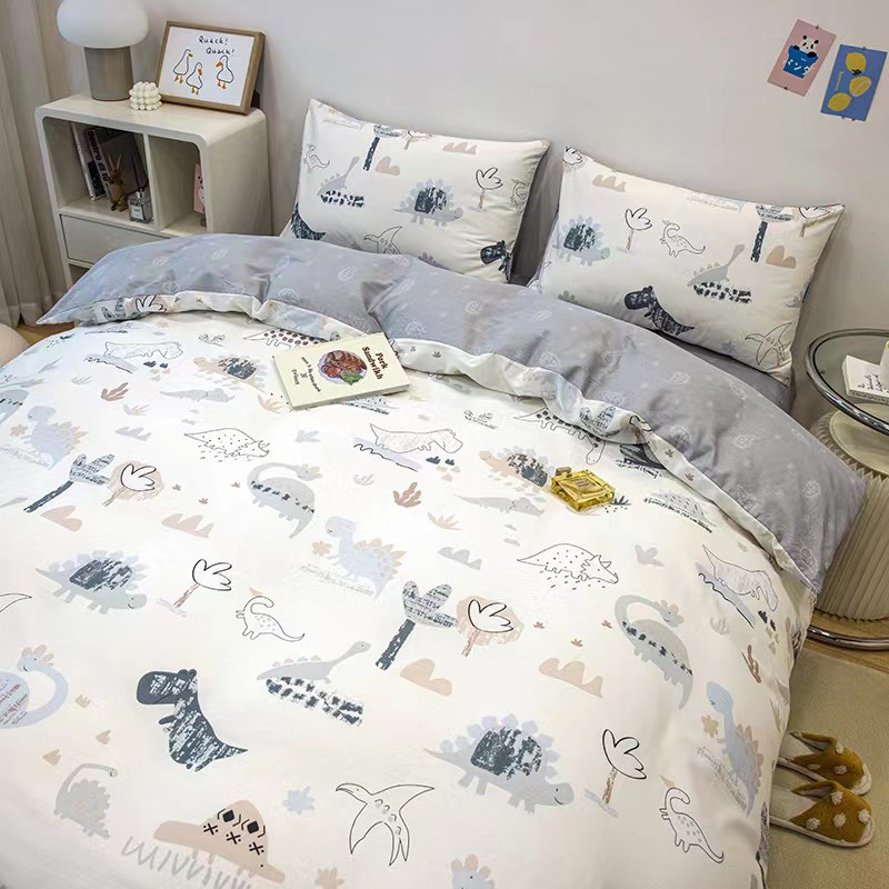 Bộ chăn ga gối cotton organic Khủng long trắng Dreamhome
