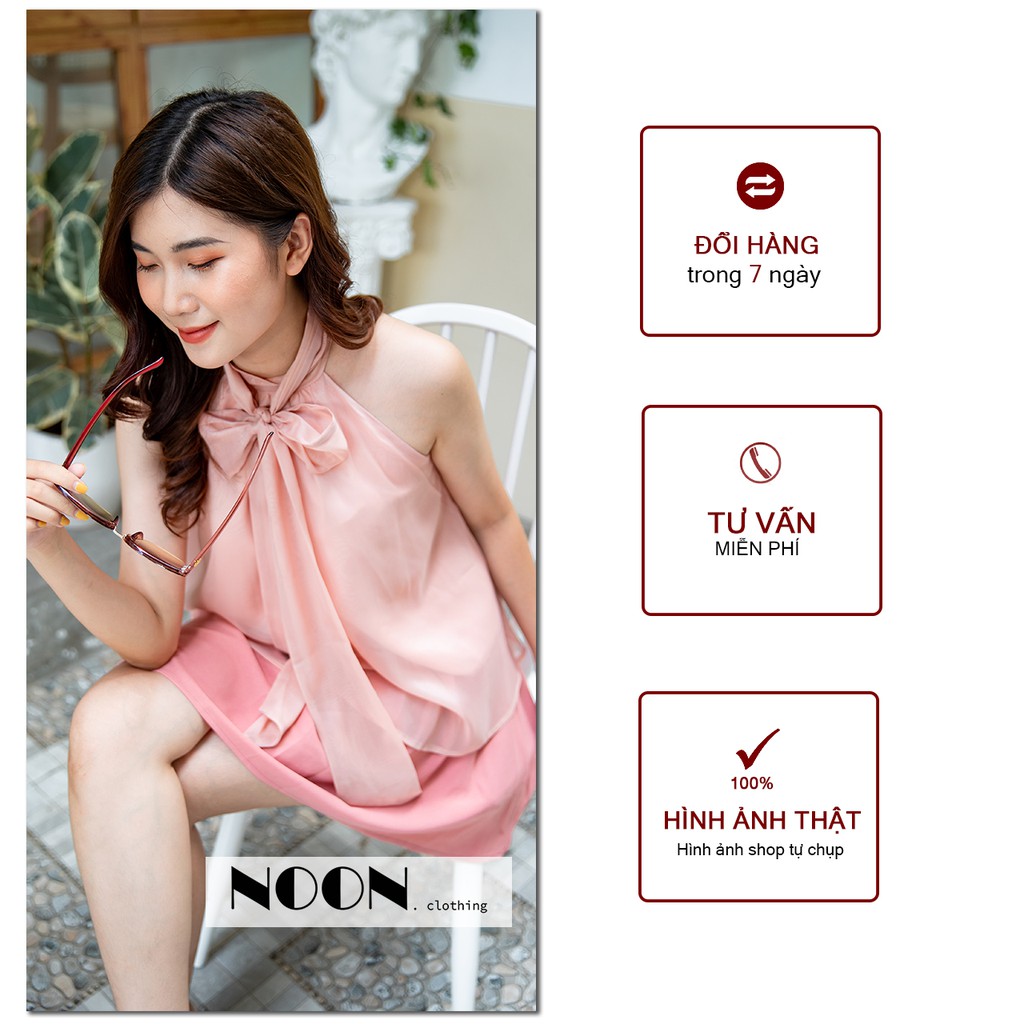 Set cổ vài lụa yếm nơ màu hồng sang chảnh