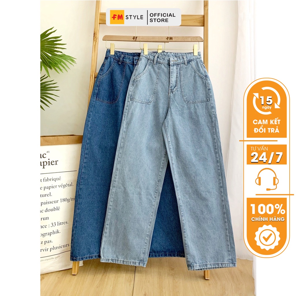 Quần jeans nữ lưng cao FM Style ống đứng thiết kế đơn giản kèm túi vuông 211126015
