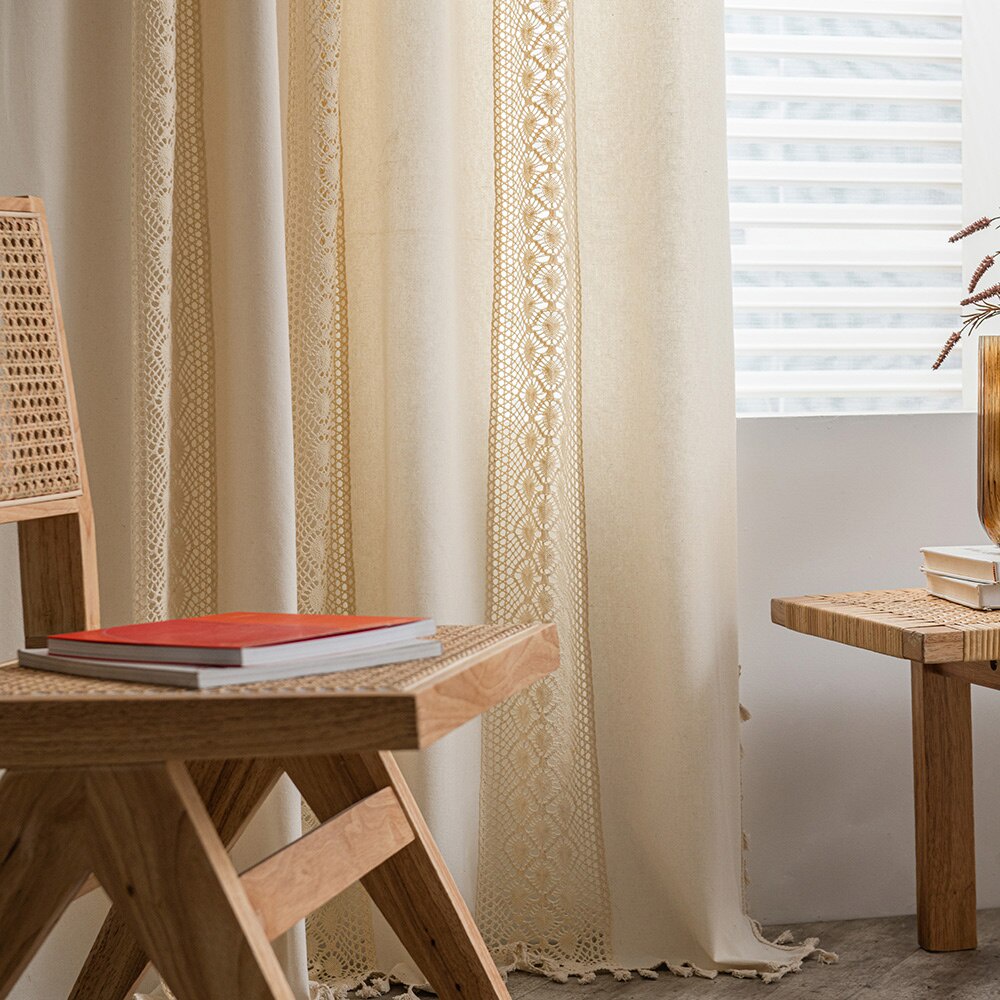 Rèm cửa sổ Vải Cotton Lanh Phối Tua Rua Sáng Tạo Trang Trí Nhà Cửa