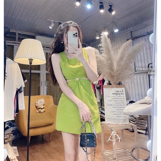 Đầm kiểu xanh khoét eo nhúm khoen tròn sát nách hàng QC!