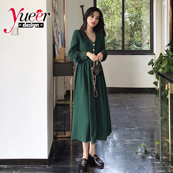 Đầm tay dài cổ chữ v phối cúc nổi bật duyên dáng dễ thương cho nữ | BigBuy360 - bigbuy360.vn