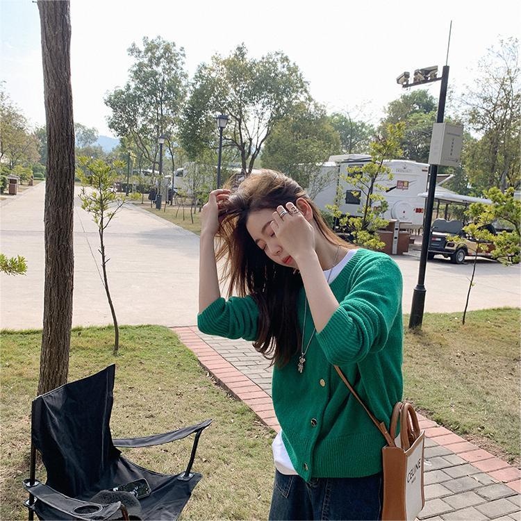 【ZHELIHANGFEI】Áo Cardigan Dệt Kim Tay Dài Dáng Rộng Phong Cách Preppy Dễ Phối Đồ